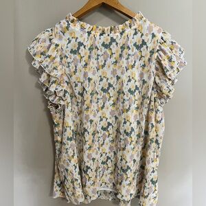 Easel Floral Ruffle Sleeve Blouse in White, Yellow, and Green